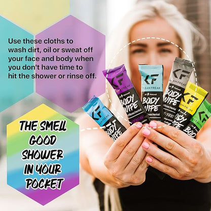 The Klean Freak Body Wipes - 12 count Individually Wrapped | Showerless Body Wipe for Women & Men | Sustainable Bodywipes for Gym, Travel, Camping | Mixed