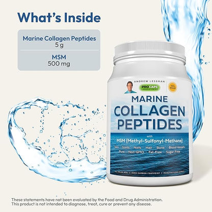 ANDREW LESSMAN Marine Collagen Peptides Powder and MSM 30 Servings - Supports Radiant Smooth Soft Skin, Comfortable Joints. Pure. Super Soluble No Fishy Flavor No Additives Non-GMO