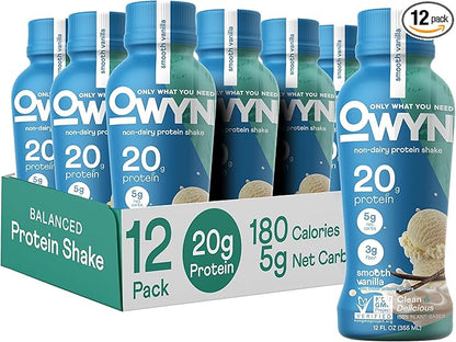OWYN Only What You Need Smooth Vanilla Flavored Protein Shake, 20g Protein, 4g Sugar, 3g Fiber, Dairy Free, Plant Based Protein Drink 12 Count