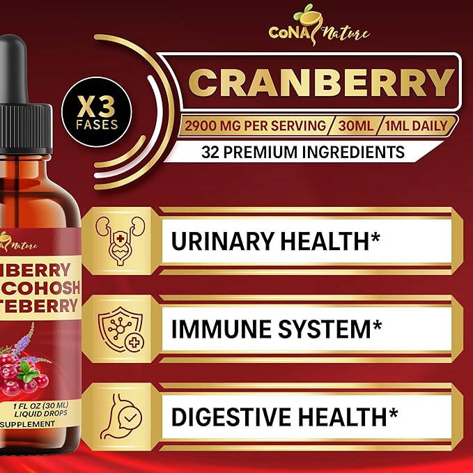 23in1 Cranberry Liquid Drops with, Vitamin D3, K2, C, E, Cranberry, Black Cohosh, Chasteberry, Wild Yam, D-Mannose, Probiotics, Maca & More to support health, Immunity - 30 Days Supply - 1FL Oz