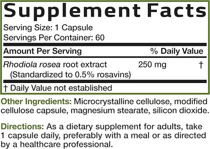 Bronson Rhodiola Rosea Vegetarian Capsules - Adaptogenic Herb - Brain, Stress & Mood Support - Non-GMO, 60 Count