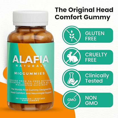 Alafia Naturals Miggummies - World's First Cranial Comfort and Support Gummy - Magnesium Glycinate, Butterbur, Feverfew, CoQ10, Vitamin B2 400mg Riboflavin 400mg 60ct