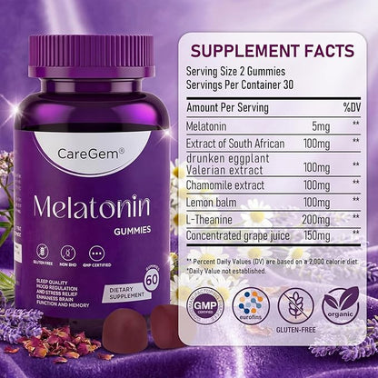 Sleep Aid | 5mg Melatonin Gummies with Ashwagandha, Valerian Root & L-Theanine | Natural Sleep Support for Adults | Stress Relief & Relaxation | Non Habit Forming 60 Count
