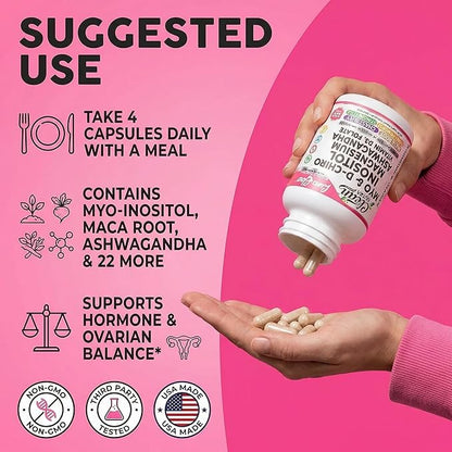 Myo Inositol D Chiro Inositol Supplement for Women - Hormone Balance with Magnesium Ashwagandha Vitamin D3 Folate Maca Root Chasteberry Evening Primrose | Ovarian Support Capsules 120 Count