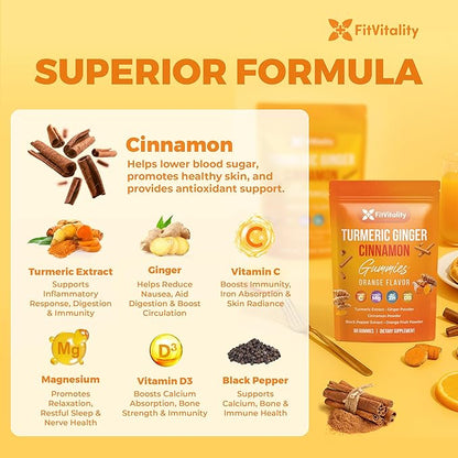 Premium 120 Turmeric Ginger Cinnamon Gummies – Vegan Gummies with Vitamin E, B12, Magnesium, Black Pepper Extract & Vitamin D3 – Orange Fruit Flavor