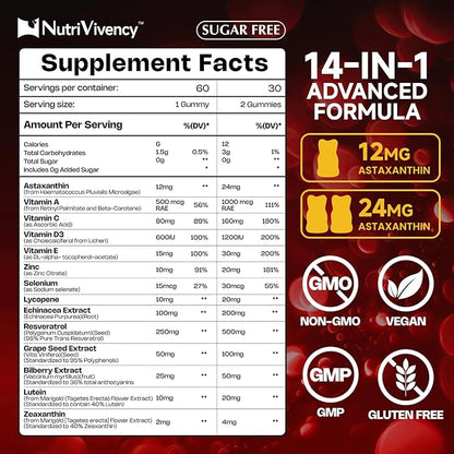 Astaxanthin Gummies, 12mg Per Gummy 24mg Max, Astaxanthin Supplements with Vitamin A/C/D/E, Resveratrol, 14-IN-1 Antioxidants Blend for Women Men, Skin, Eyes, Immune Support, Sugar Free, Vegan, 60 Ct