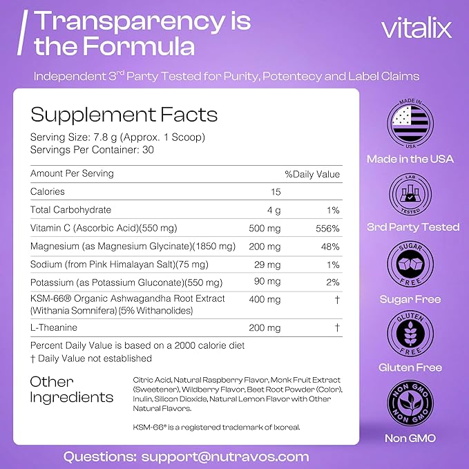 Vitalix – Cortisol Reducer & Adaptogen Drink Mix with Ashwagandha KSM 66, Magnesium Glycinate 200mg, L-Theanine 200mg, Vitamin C 500mg & Electrolytes – Raspberry Lemonade – 30 Servings