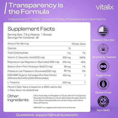 Vitalix – Cortisol Reducer & Adaptogen Drink Mix with Ashwagandha KSM 66, Magnesium Glycinate 200mg, L-Theanine 200mg, Vitamin C 500mg & Electrolytes – Raspberry Lemonade – 30 Servings