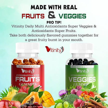 VITINITY Fruit and Veggies Supplement Gummies – Greens Gummies with Real Fruits & Vegetables – Vegan Fruit Gummies & Super Greens Gummies for Adults & Kids, 60 Count (30 Day Supply)