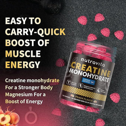 Creatine Monohydrate Gummies for Men & Women-5g of Creatine Monohydrate per Serving - Sugar Free,Vegan, Peach Flavor, 120 Count