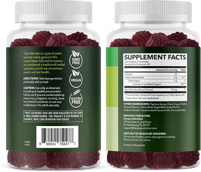 Saw Palmetto for Men Gummies - DHT Blocker Supplement for Hair Health and Male Patterned Balding - 120 Count - Supports Scalp and Prostate Wellness - Raspberry Flavor - Vegan, Non-GMO, 2 Month Supply