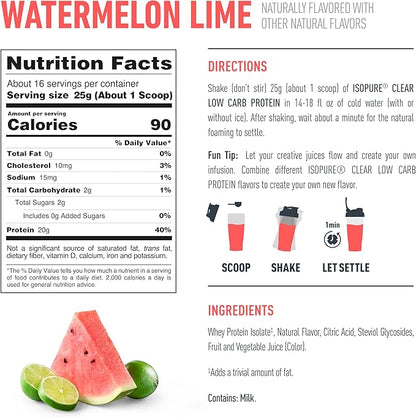 Isopure Clear Whey Isolate Protein Powder, Lactose Free, Gluten Free, Naturally Flavored, Watermelon Lime, 20g Protein Per Serving, 14.1 Oz, 16 Servings (Packaging May Vary)
