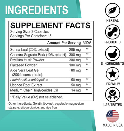 Colon Cleanser Detox for Weight Flush - 15 Day Intestinal Cleanse Pills & Probiotic - Fast Natural Laxative for Constipation Relief - Bowel Movement Supplements for Stomach Bloating, Gut Loss Support