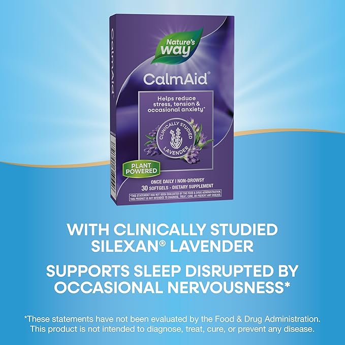 Nature’s Way CalmAid Lavender Oil Supplement for Calm & Stress Support*, Clinically Studied Silexan Lavender Oil, Non-Drowsy, Daily Softgels, 30 Count