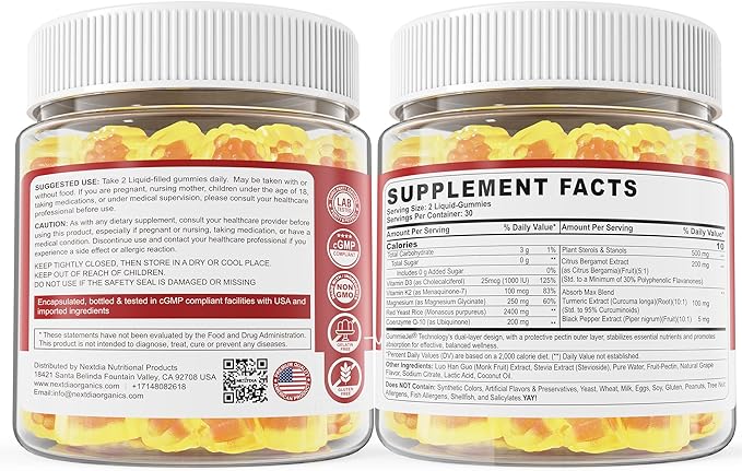 Red Yeast Rice Gummies 2400MG with CoQ10, Suagr Free Balanced Chṏlesterṏl Supplements Plus Citrus Bergamot, Plant Sterols & Stanols Supports Vḁsculḁr Health, Energy, Immunity for Age 50+,Vegan,60 Cts