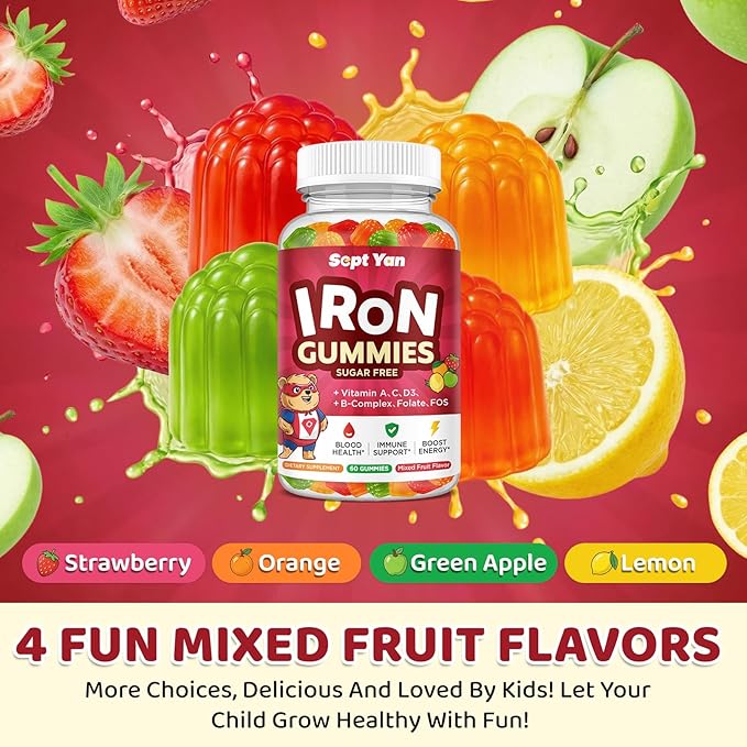 Iron Supplement Gummies for Kids, Kids Multivitamin with Iron - Vitamin B Complex, C, D3, Calcium, Folate, Zinc, FOS for Blood Builder & Energy Support, Iron Deficiency, Vegan,Mixed Fruit Flavor,60 ct