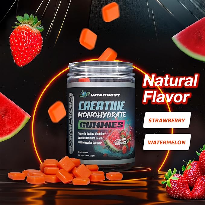 VitaBoost Creatine Gummies 5g- Natural Creatine Monohydrate for Men & Women- Delicious Strawberry Watermelon Flavor- Boost Strength, Energy & Muscle Growth- Vegan Pre Workout Gummies- Made in USA