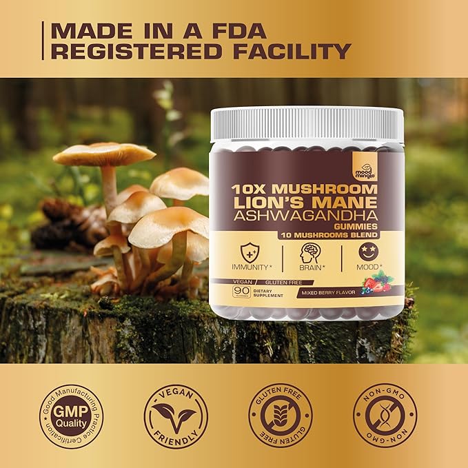 10X Lion’s Mane Mushroom Gummies for Kids Adults (4350mg) - Gluten Free Daily Supplement Complex Blend with Reishi Turkey Tail Shiitake