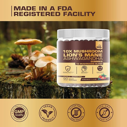 10X Lion’s Mane Mushroom Gummies for Kids Adults (4350mg) - Gluten Free Daily Supplement Complex Blend with Reishi Turkey Tail Shiitake