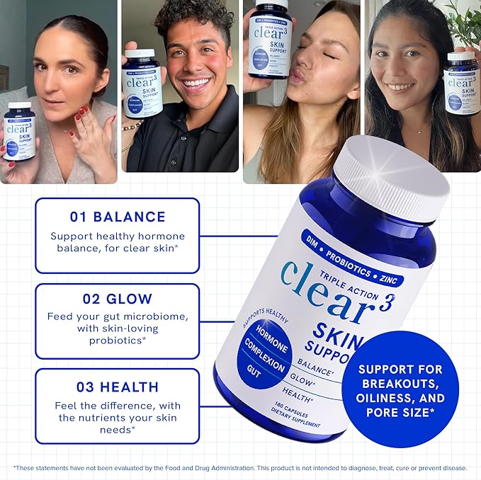 Clear Skin Supplement with Zinc, DIM & Probiotics | 3-in-1 Balance, Glow & Health Skin Support | Triple Action Hyaluronic Acid, Niaciminide & Vitamins for Hormone, Complexion & Gut Support | 180 Ct