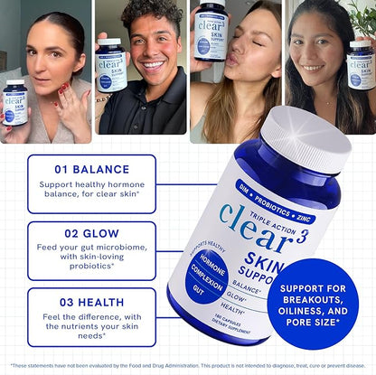 Clear Skin Supplement with Zinc, DIM & Probiotics | 3-in-1 Balance, Glow & Health Skin Support | Triple Action Hyaluronic Acid, Niaciminide & Vitamins for Hormone, Complexion & Gut Support | 180 Ct