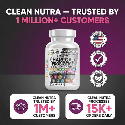 Activated Charcoal Pills for Gas Relief and Debloat, CharcoBiotic with Probiotics Digestive Enzymes Shilajit Peppermint Fennel Ginger Turmeric Licorice Root Aloe Vera Ceylon Cinnamon, Clean Nutra 90ct
