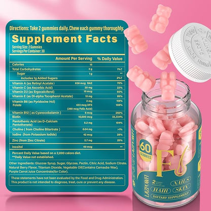 Biotin Gummies -Hair Skin and Nails Vitamins for Men & Women, Vegan Vitamin B7, Supports Hair Growth and Stronger Nails,30 Day Supply - Raspberry-60 Count