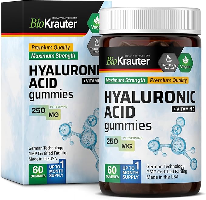 BIO KRAUTER® Hyaluronic Acid with Vitamin С for Skin Hydration Support - Vegan Hyaluronic Acid Supplements 250 mg Strength for Beauty & Collagen Support - 60 Gummies, Non-GMO, Banana Flavor