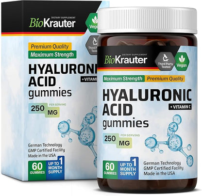 BIO KRAUTER® Hyaluronic Acid with Vitamin С for Skin Hydration Support - Vegan Hyaluronic Acid Supplements 250 mg Strength for Beauty & Collagen Support - 60 Gummies, Non-GMO, Banana Flavor