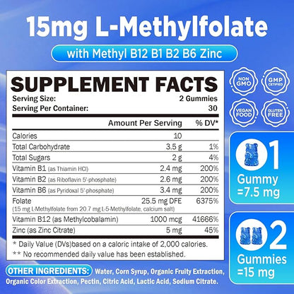 L-Methylfolate 15mg & Methyl B12 1000mcg Gummies, Methylated B1, B2, B6 Multivitamins for Men Women, Active 5-MTHF & B Complex Supplement Supports MTHFR Gene, Immune, Brain Health, Vegan, 60 Gummies