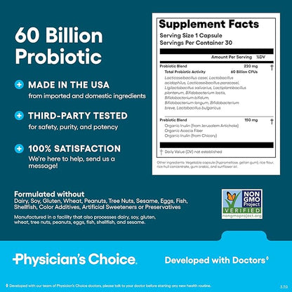 Physician's CHOICE Probiotics 60 Billion CFU - 10 Strains + Organic Prebiotics - Immune, Digestive & Gut Health - Supports Occasional Constipation, Diarrhea, Gas & Bloating - for Women & Men - 30ct