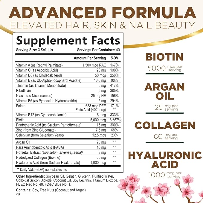Hair, Skin & Nails Vitamins - Biotin 5000mcg Per Serving - Extra Strength Hair Growth Support For Women with Collagen, Argan Oil - Beautiful Skin, Hair & Nails Supplement - USA Bottled - 120 Softgels