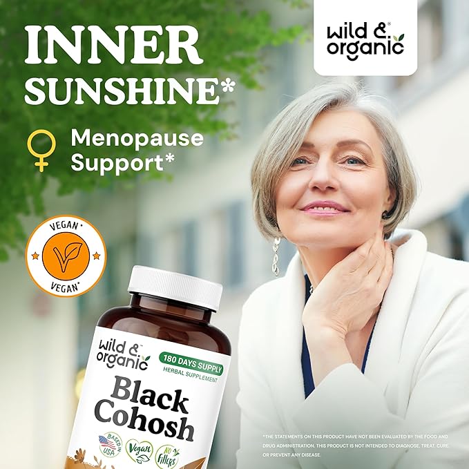 Wild & Organic Black Cohosh Capsules 540 mg - Menopause Supplements for Women - Black Cohosh for Women - Actaea Racemosa Herb - 180 Days of Supply - Vegan, No Fillers, Non-GMO - 180 Count