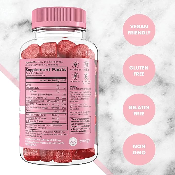 Flat Tummy Apple Cider Vinegar Gummies, 60 Count – ACV Gummies, Detox, Support Gut Health – Vegan-Friendly, Non-GMO - Beet and Pomegranate Superfood Powders, Vitamins B6, B9 & B12 (Pack of 5)