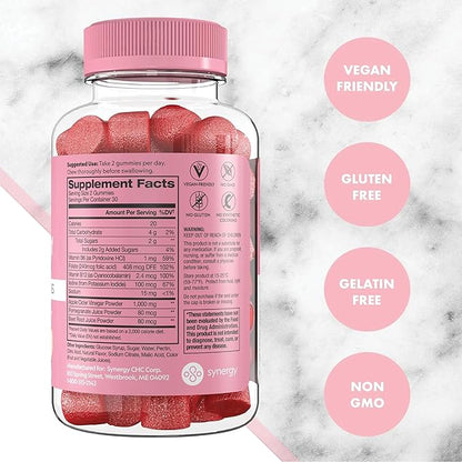 Flat Tummy Apple Cider Vinegar Gummies, 60 Count – ACV Gummies, Detox, Support Gut Health – Vegan-Friendly, Non-GMO - Beet and Pomegranate Superfood Powders, Vitamins B6, B9 & B12 (Pack of 5)