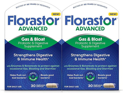 Florastor Advanced Gas and Bloat Probiotic, Digestive Enzymes and Botanicals, Plus Probiotics for Digestive Health, 30 Capsules (Pack of 2)