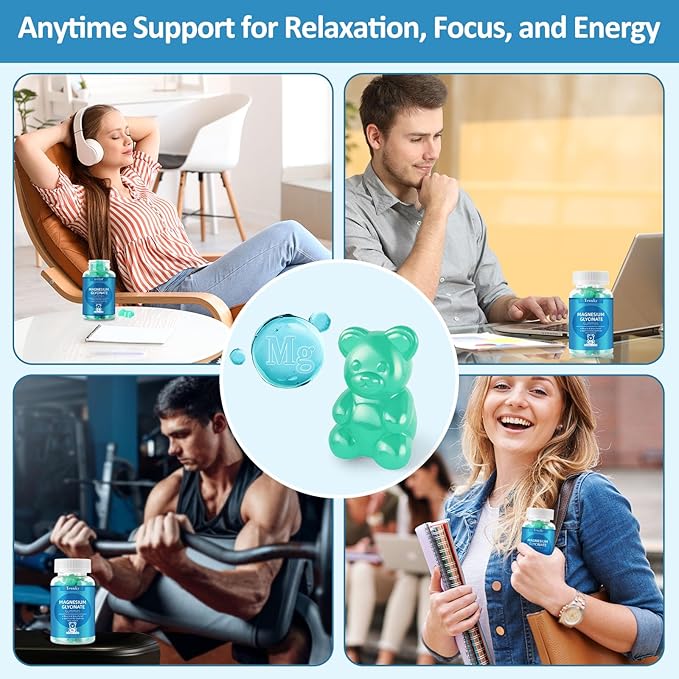 Magnesium Glycinate Gummies 2 Bottles, Sugar-Free for Adults & Kids, Best Magnesium Gummies for Sleep, Stress & Muscle Relief, Supports Bone & Nerve Health, Vegan, Pectin-Based, Blueberry Flavor
