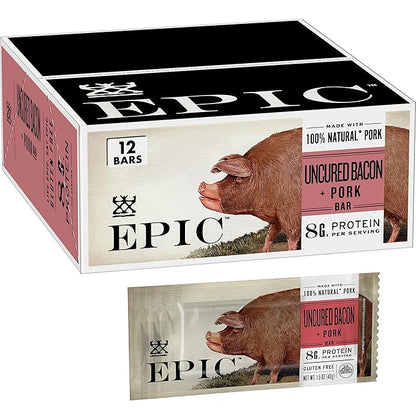 EPIC Uncured Bacon and Pork Bars, Paleo Friendly, Protein Snacks, 12 Ct, 18 oz