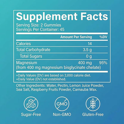Magnesium Bisglycinate Gummies, 400mg High Absorption Magnesium Supplement, Raspberry Flavor, Supports Muscle & Nerve Function, Relaxation & Daily Wellness, Vegan, 90 Gummies