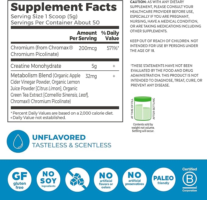 Orgain Micronized Creatine Monohydrate Lean Muscle Powder with Metabolism Blend, Unflavored, 50 Servings, Supports Muscle Strength and Brain Health, No Dairy or Soy, Gluten Free, Vegan