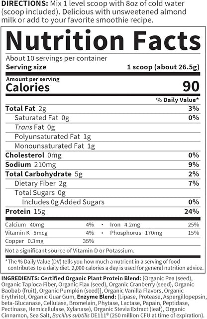 Garden of Life Organic Plant Protein Vanilla Flavor Protein Powder with Probiotics & Enzymes – Plant Based Powder, Amino Acids, Non-GMO, Grain-Free, Gluten-Free, Vegan, 10 Servings