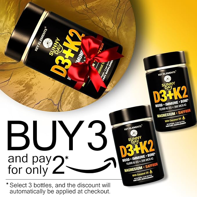 KEY ELEMENTS Vitamin D3 K2 10,000 IU with Magnesium Glycinate 400mg & Saffron 88.5mg - Mood, Immune, Bone Health - Vitamin D and K (MK-7) 200mcg - Non-GMO, Gluten-Free Softgels for Women & Men