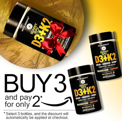 KEY ELEMENTS Vitamin D3 K2 10,000 IU with Magnesium Glycinate 400mg & Saffron 88.5mg - Mood, Immune, Bone Health - Vitamin D and K (MK-7) 200mcg - Non-GMO, Gluten-Free Softgels for Women & Men