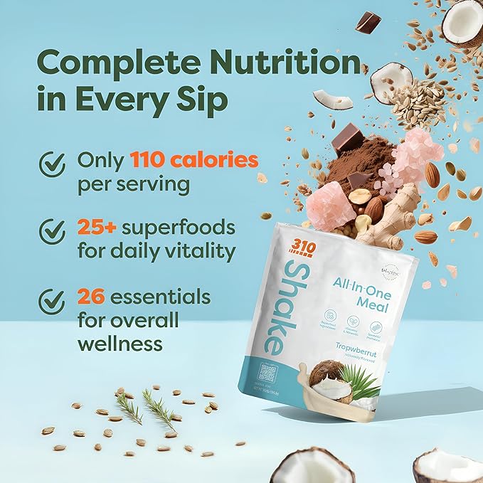 310 Nutrition All-In-One Meal Replacement Shake Powder - Plant-Based Protein Smoothie Blend w/High Fiber, Probiotics & Adaptogens - Low Carb, Vegan, Keto & Paleo Friendly - Tropical Coconut - 28 Srv