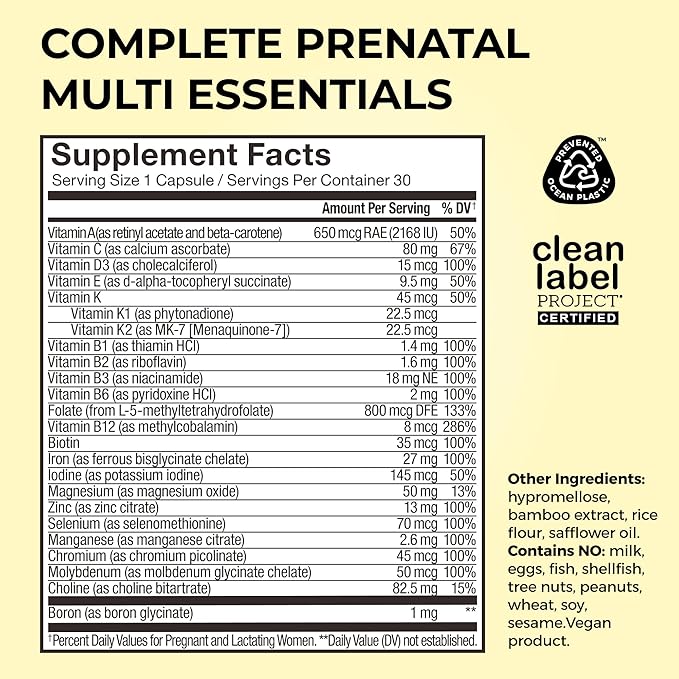 HUM Complete Prenatal Multivitamin for Women with Folate, DHA, and Choline, 23 Nutrients for Daily Support, Gluten Free, Non GMO Supplement for Pre, During, and Post Pregnancy, 30 Vegan Capsules