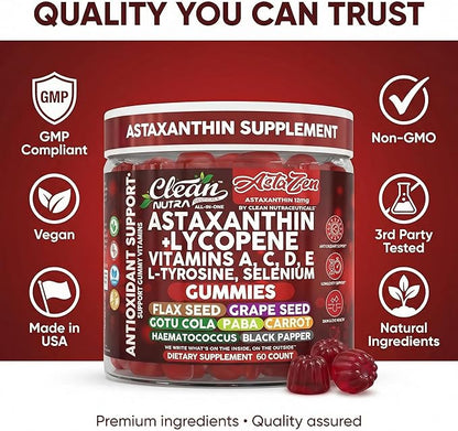 Clean Nutraceuticals AstaZen Astaxanthin Gummies 12mg - with Lycopene, Vitamins A C D E, L-Tyrosine & Selenium - Antioxidant Support Gummies - 60 Count