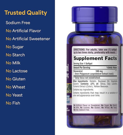 Puritan's Pride Premium Resveratrol Youth Guard™ 100mg, Dietary Supplement for Immune System, Antioxidant, Sugar Metabolism, Blood Flow, and Vascular Function Support, 120 Rapid Release Softgels