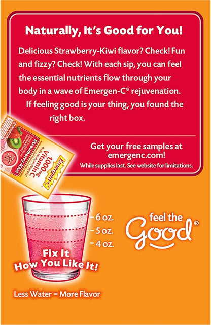 Emergen-C 1000mg Vitamin C Immune Support Powder Strawberry Kiwi 30CT includes Zinc, Manganese, 7 B Vitamins and Electrolytes for Back to School Essentials
