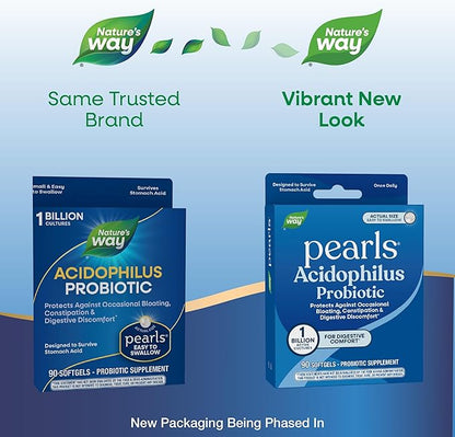 Nature's Way Probiotic Pearls Acidophilus, Supports Digestive Balance & Gut Health, Reduce Occasional Constipation and Bloating*, 1 Billion Cultures, 90 Softgels