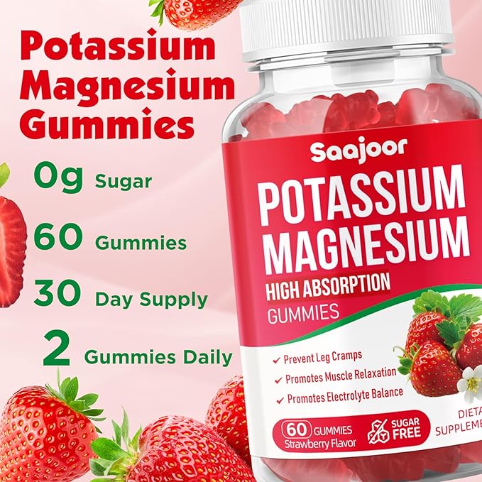 Potassium Magnesium Gummies,High Absorption Magnesium Glycinate,D3 & B6,Potassium Citrate - for Muscle Support, Leg Cramps & Electrolyte Balance - Vegan, Non-GMO, Strawberry Flavor, 60 Count